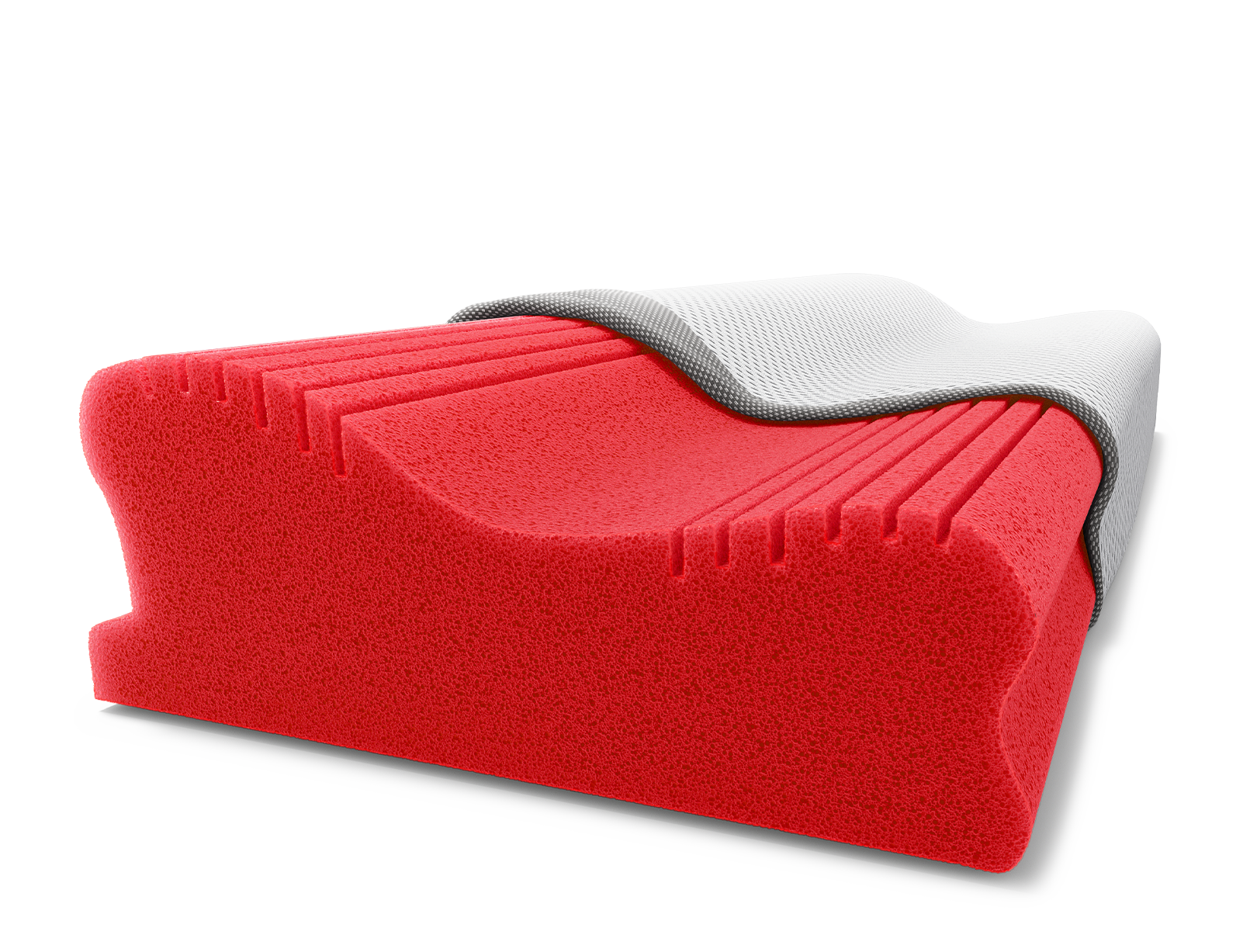 Oreiller ergonomique Bodyguarddéhoussé faisant apparaitre la mousse rouge
