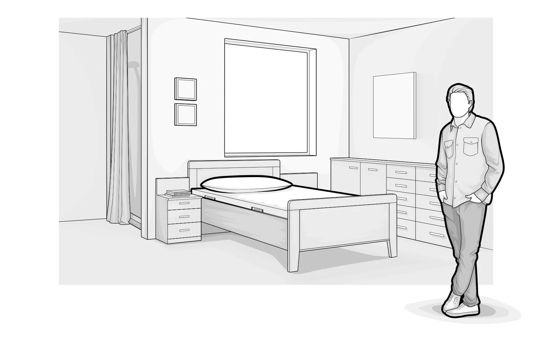 Illustration : une personne jeune se tient dans une chambre à coucher avec un lit simple et un matelas BODYGUARD®.