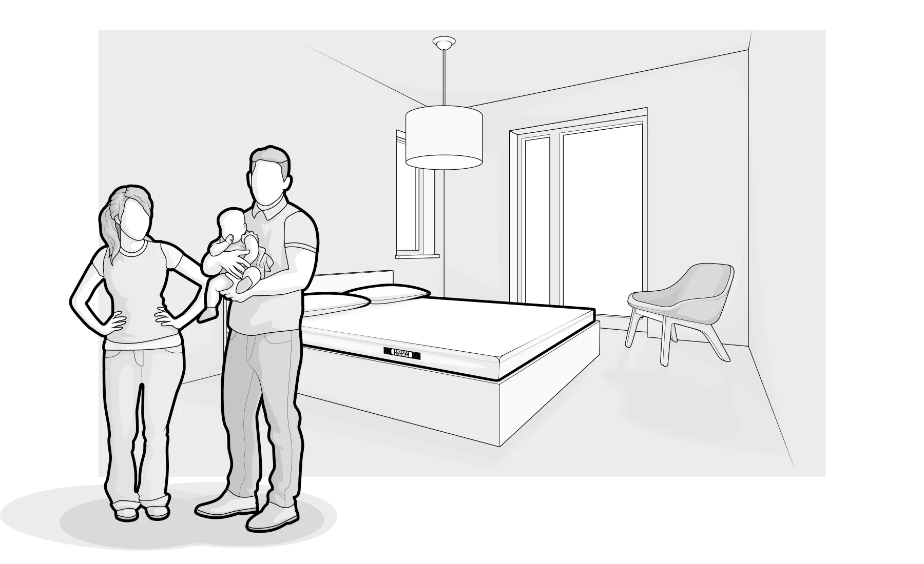 Illustration : deux jeunes adultes dans une chambre à coucher avec un lit double et un matelas BODYGUARD® ; une personne tient un bébé dans ses bras.