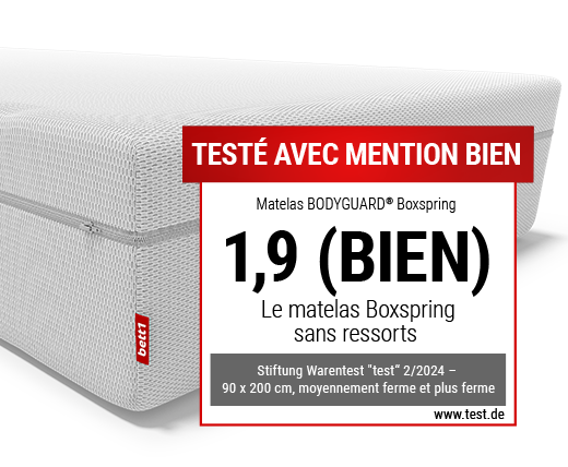 Matelas BODYGUARD®Boxspring. Une étiquette rouge avec texte : 100 % mousse. Une icône ressort métallique avec texte : sans ressorts métalliques.