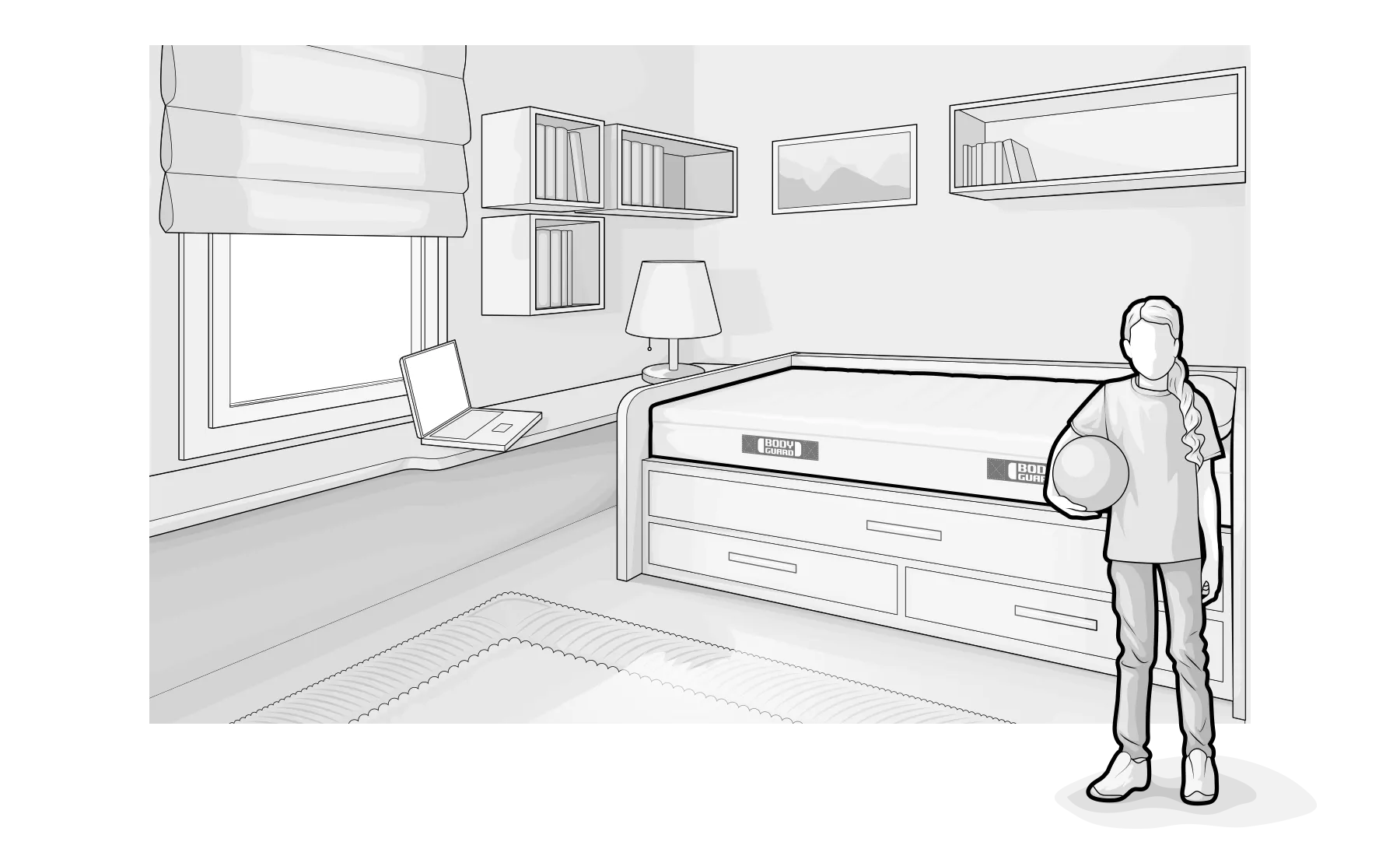 Illustration : un enfant avec un ballon sous le bras se tient dans une chambre d'enfant avec un lit simple et un matelas BODYGUARD®.