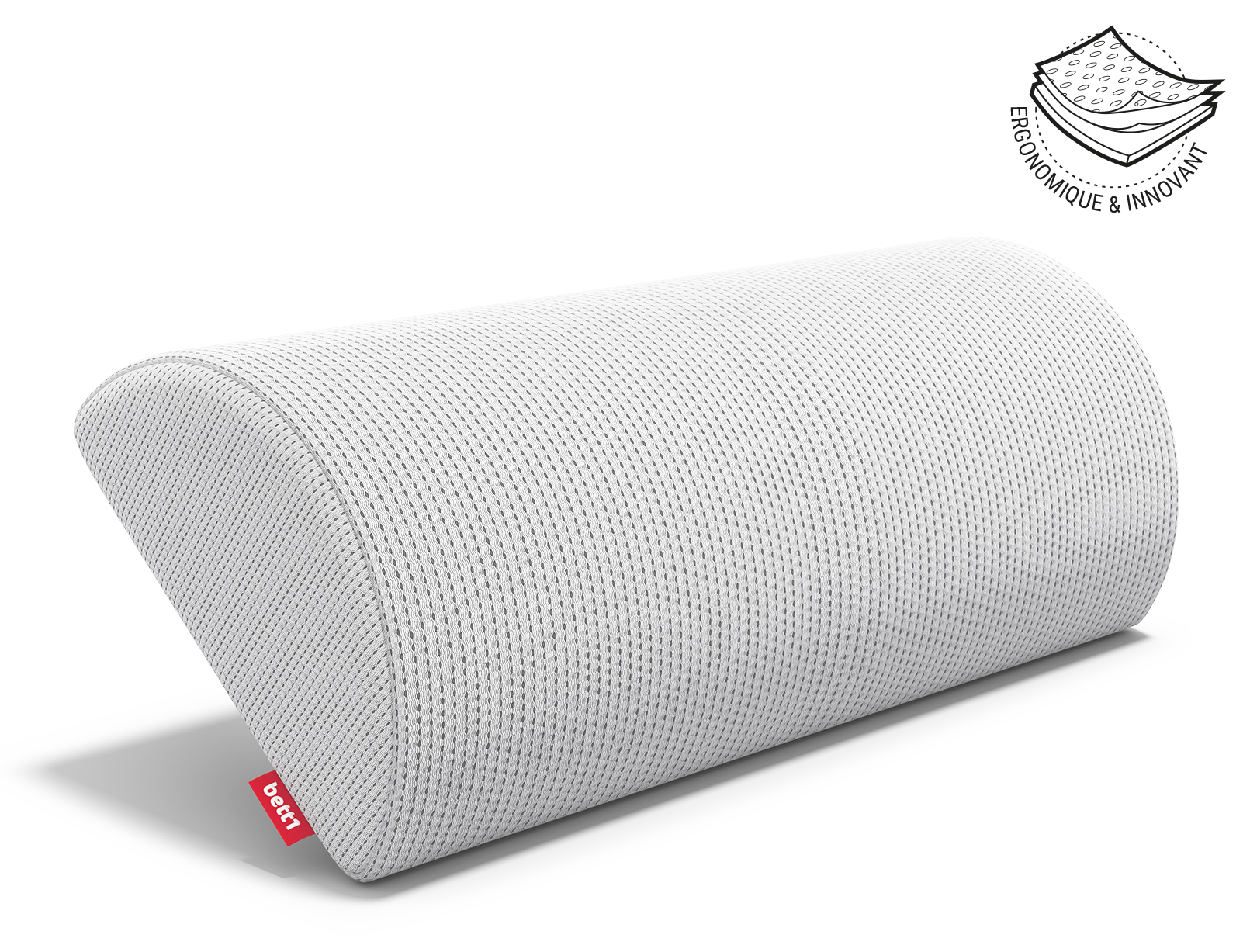 Le traversin BODYGUARD® est placé à la verticale et en équilibre sur son côté mince. À côté se trouve l'illustration de la housse du coussin en trois couches avec le texte : ergonomique et innovant.