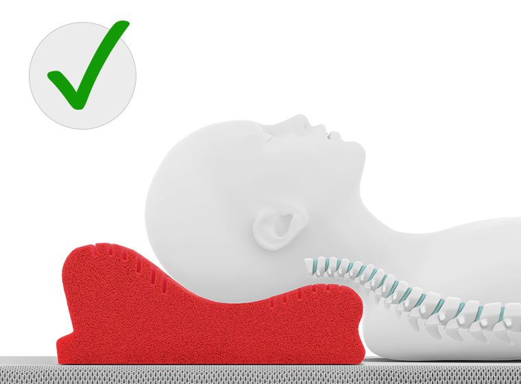Une personne dessinée en position couchée sur le dos, la tête posée sur un oreiller cervical. La tête est placée de manière à ce que la courbure inférieure repose sur le cou – la colonne vertébrale dessinée conserve sa courbure naturelle.