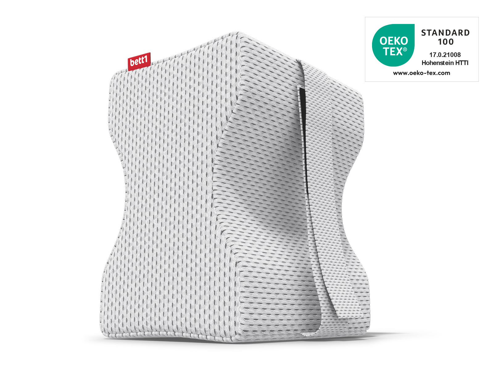 Das BODYGUARD® Kniekissen. Daneben das Oeko-Tex® Standard 100 Siegel.