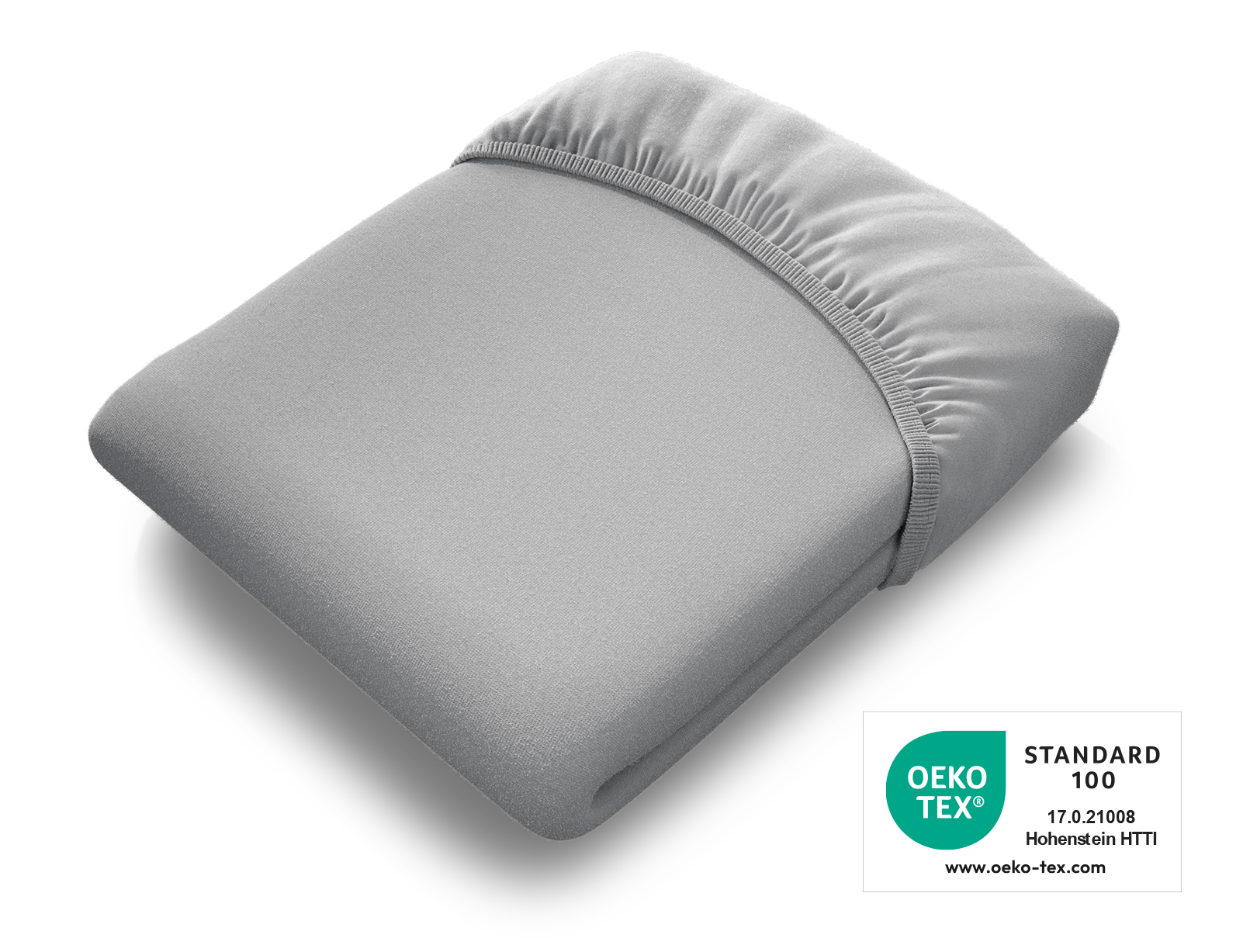 Das BODYGUARD® Kinder-Spannbettlaken in Silber zusammengelegt. Das Oeko-Tex® Standard 100 Siegel