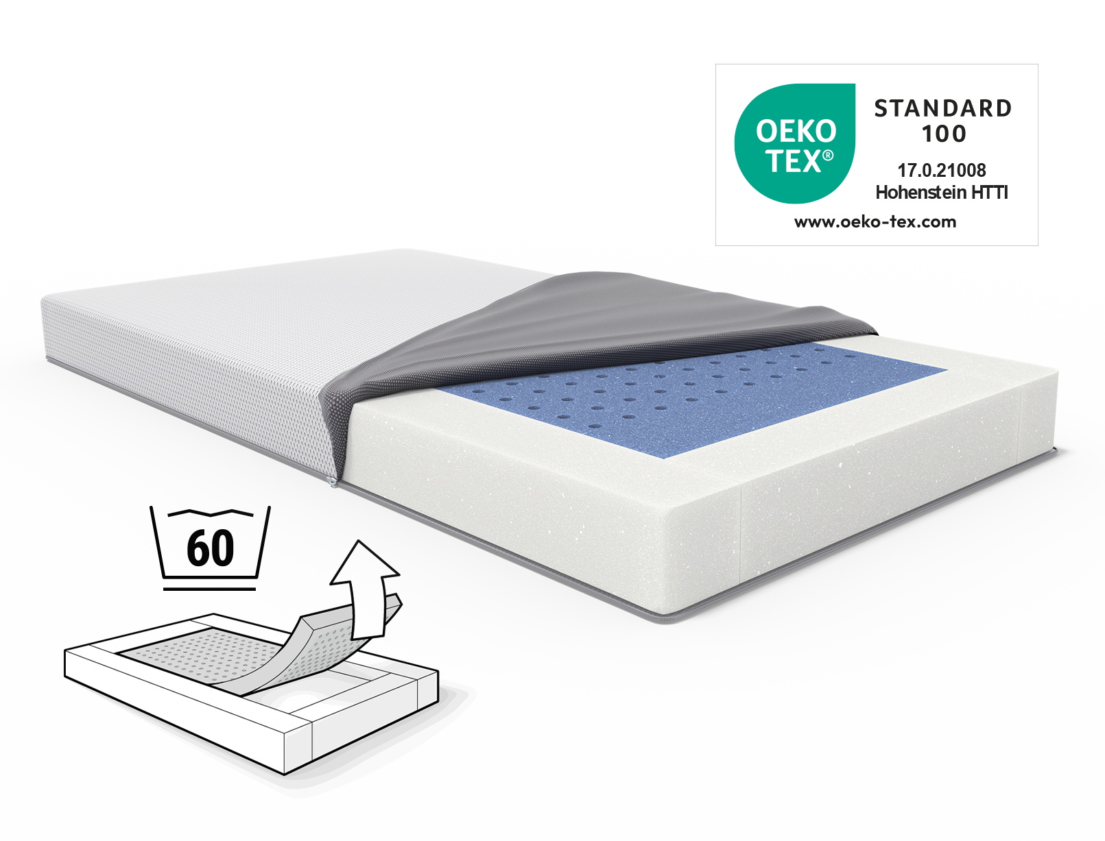 Matelas bébé SuperBreeze avec housse de matelas repliée. Label Oeko-Tex®. Illustration du matelas bébé avec sigle de lavage à 60°C