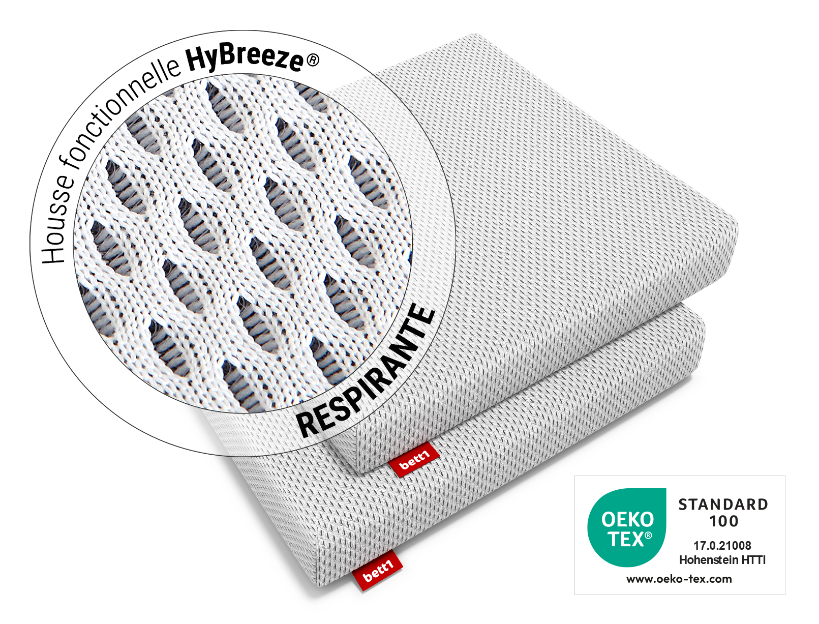 Deux coussins de chaise BODYGUARD® empilés, avec étiquette rouge bett1. Un médaillon met en valeur la housse respirante HyBreeze® et sa structure ajourée. Le label OEKO-TEX® STANDARD 100 est visible en bas à droite.