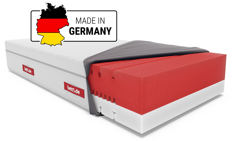 Matelas BODYGUARD® avec mousse rouge en coupe et carte de l’Allemagne aux couleurs du drapeau, symbolisant la fabrication allemande.