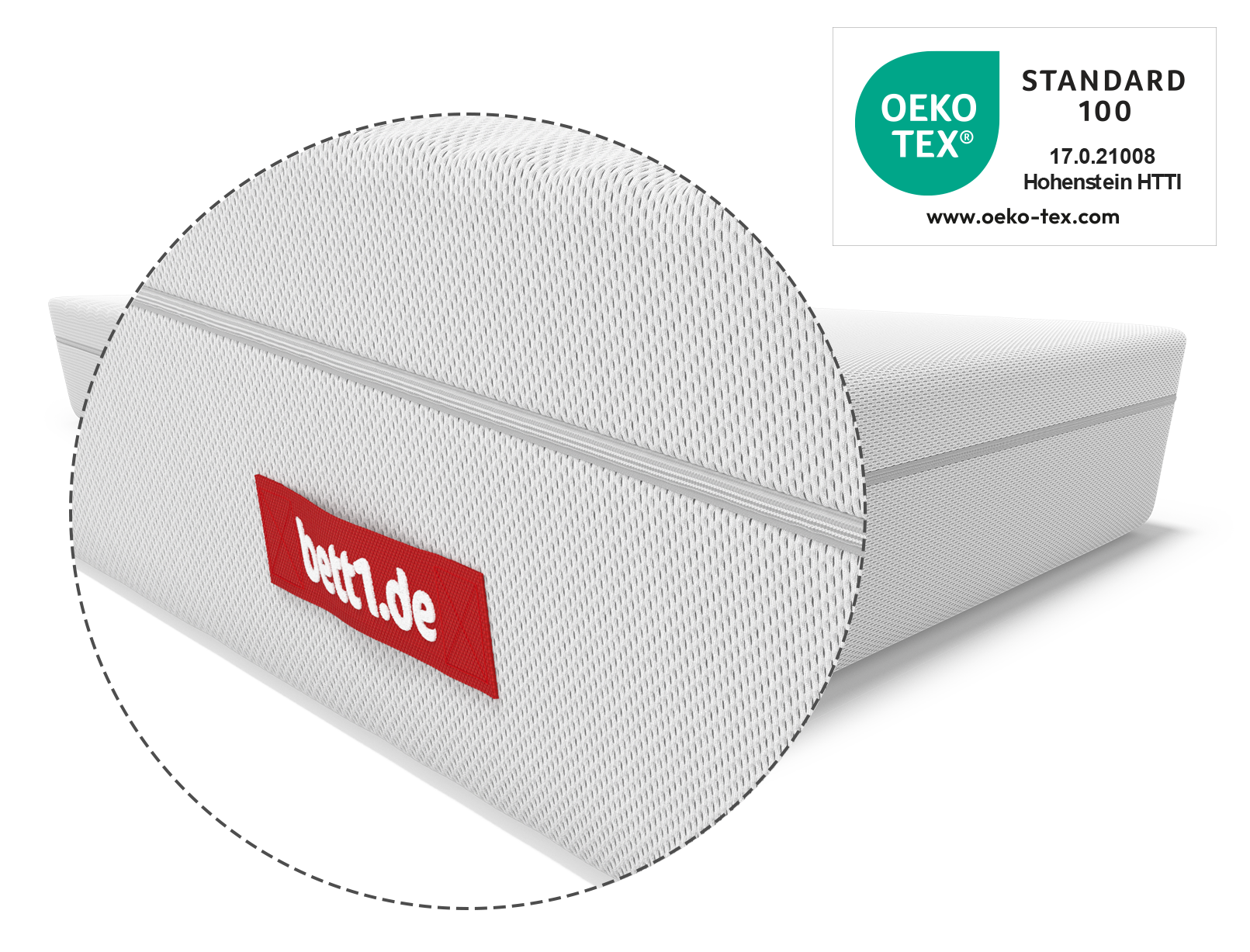 Zoom sur la housse HyBreeze® du matelas BODYGUARD®, accompagnée du certificat OEKO-TEX® Standard 100.