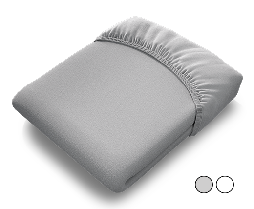 Le drap housse enfant BODYGUARD® tendu sur le matelas enfant BODYGUARD® dans un lit d'enfant. Zoom sur le drap dans sa version blanche. Texte : Disponible en gris ou blanc