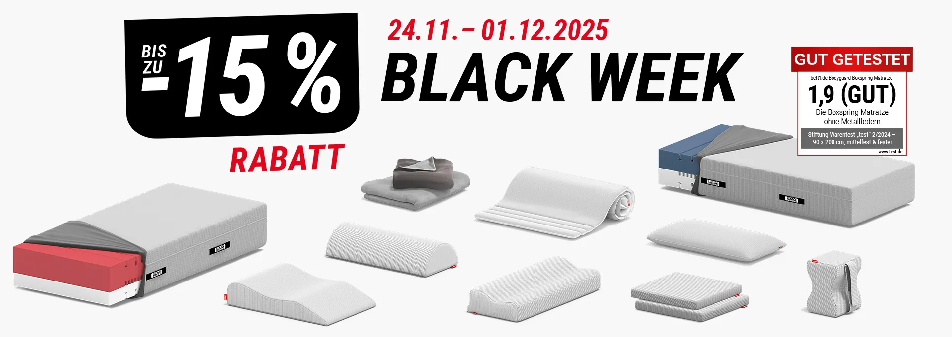 Zusammenstellung der Produkte in der Blackweek vom 24.11.-01.12.2025, daneben Text: bis zu 15 % Rabatt