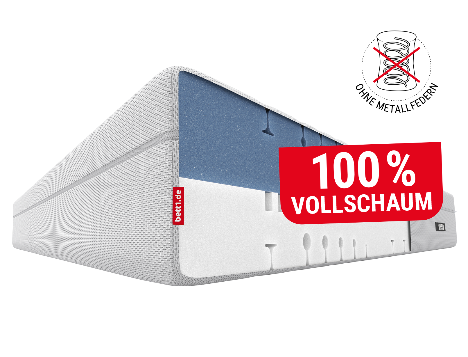 BODYGUARD® BoxspringMatratze. Eine rote Wanne mit Text: 100 % Vollschaum. Ein Icon durchgestrichene Metallfeder mit Text: ohne Metallfedern.