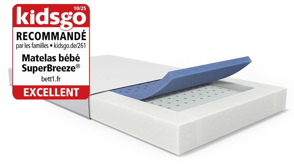 Matelas BODYGUARD® enfant. Housse ouverte et noyau bleu. Logo Kidsgo
