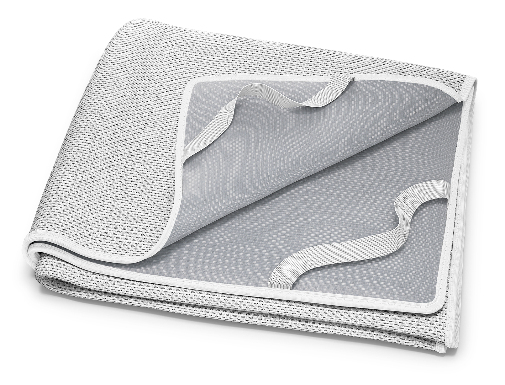 Alèse BODYGUARD® pliée : un coin relevé montre la face inférieure enduite et les sangles de fixation.