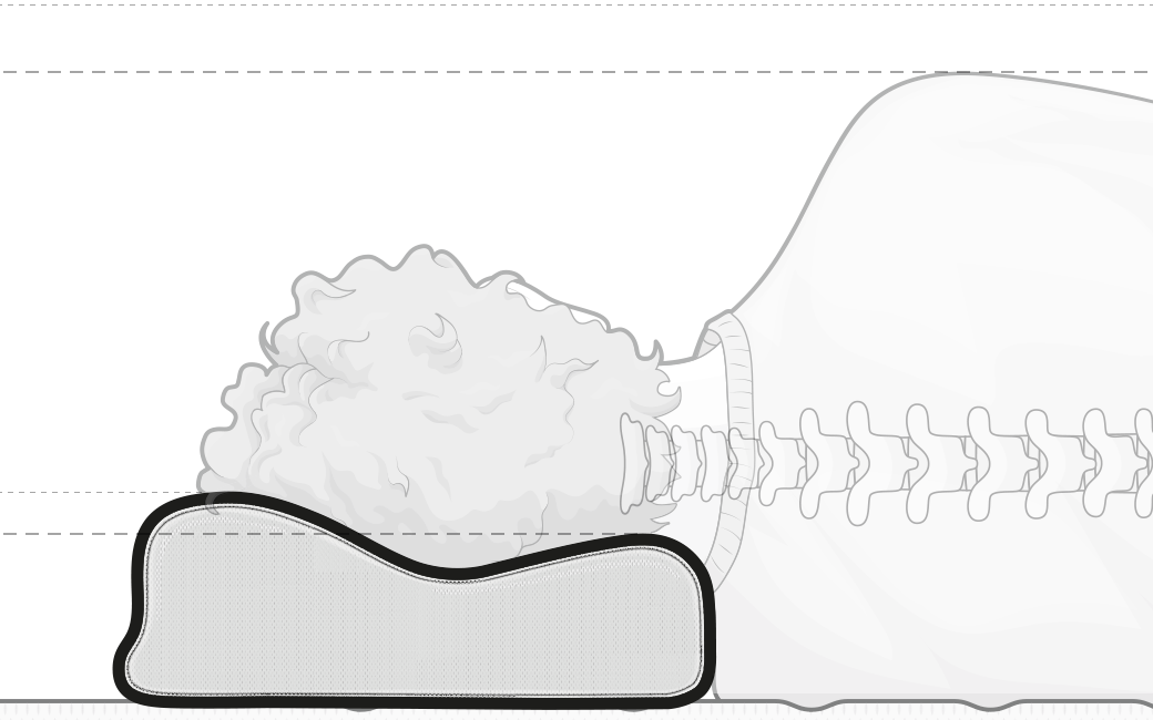 Illustration: Eine Person in Seitenlage. Der Kopf liegt so auf dem Nackenstützkissen, dass die niedrigere Wölbung am Hals anliegt – die eingezeichnete Wirbelsäule ist gerade.