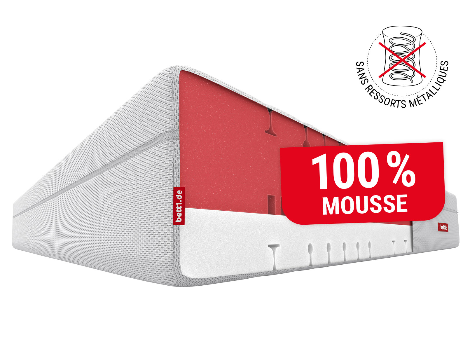 Coupe d’un matelas BODYGUARD® Boxspring montrant son noyau en mousse rouge, sans ressorts, avec le label "100 % mousse".