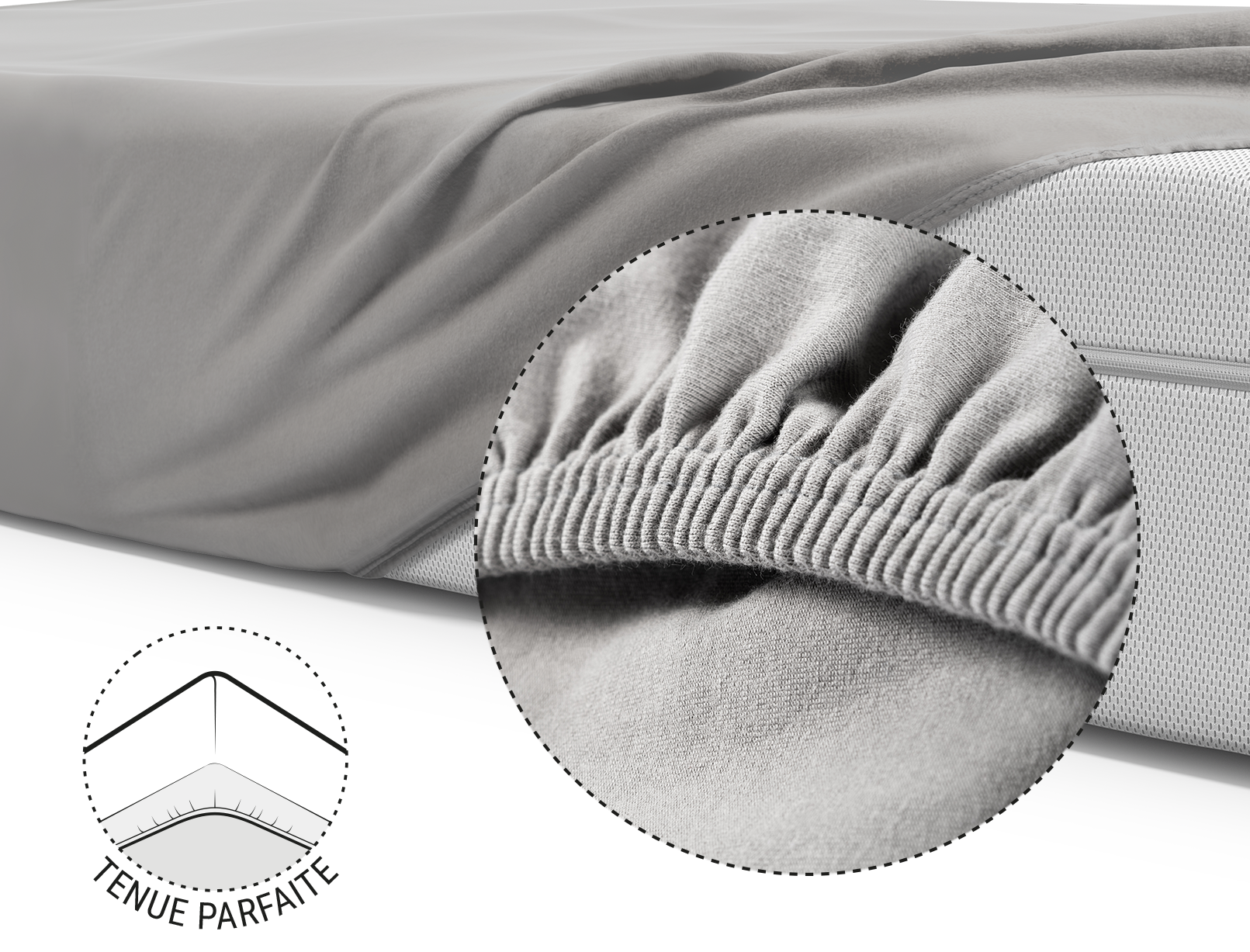 Le matelas BODYGUARD® Boxspring est recouvert d'un drap-housse extra haut. Zoom sur l'ourlet renforcé et élastique. Illustration montrant le dessous du matelas sur lequel l'ourlet du drap est tiré. Texte : tenue parfaite