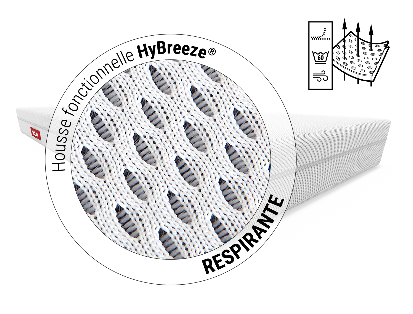 Gros plan sur le tissu HyBreeze® du matelas BODYGUARD®, affichant sa structure aérée avec pictogrammes de lavage à 60 °C et séchage à l’air libre.