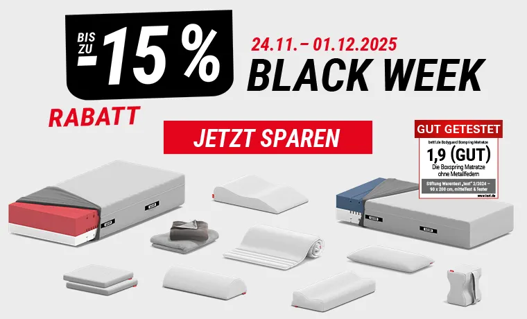 Zusammenstellung der Produkte in der Blackweek vom 24.11.-01.12.2025, daneben Text: bis zu 15 % Rabatt - Jetzt sparen