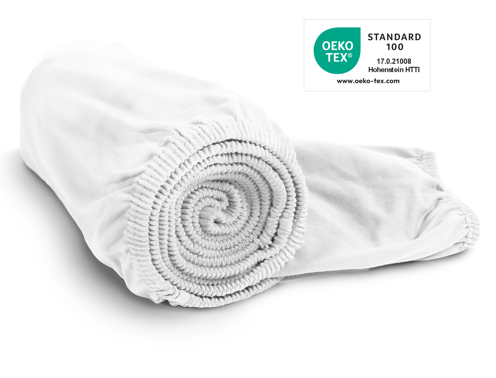 Das BODYGUARD® Jersey-Spannbettlaken in Weiß zusammengerollt. Das Oeko-Tex® Standard 100 Siegel	