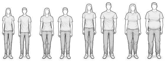	Illustration: Acht Personen mit unterschiedlichen Körpertypen – von groß bis klein und schmal bis breit.