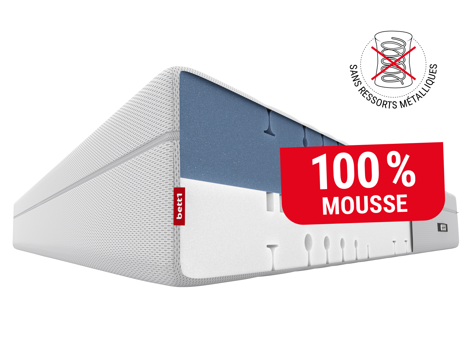 Matelas BODYGUARD®Boxspring. Une étiquette rouge avec texte : 100 % mousse. Une icône ressort métallique avec texte : sans ressorts métalliques.