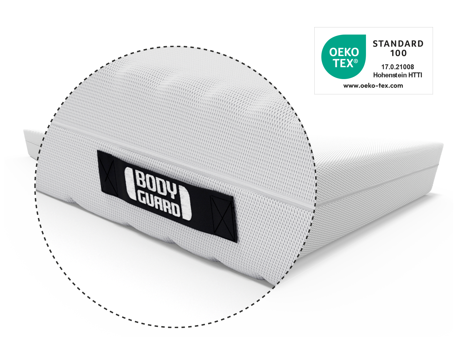 Matelas BODYGUARD® anti-cartel : zoom sur la poignée. Label Oeko-Tex®.