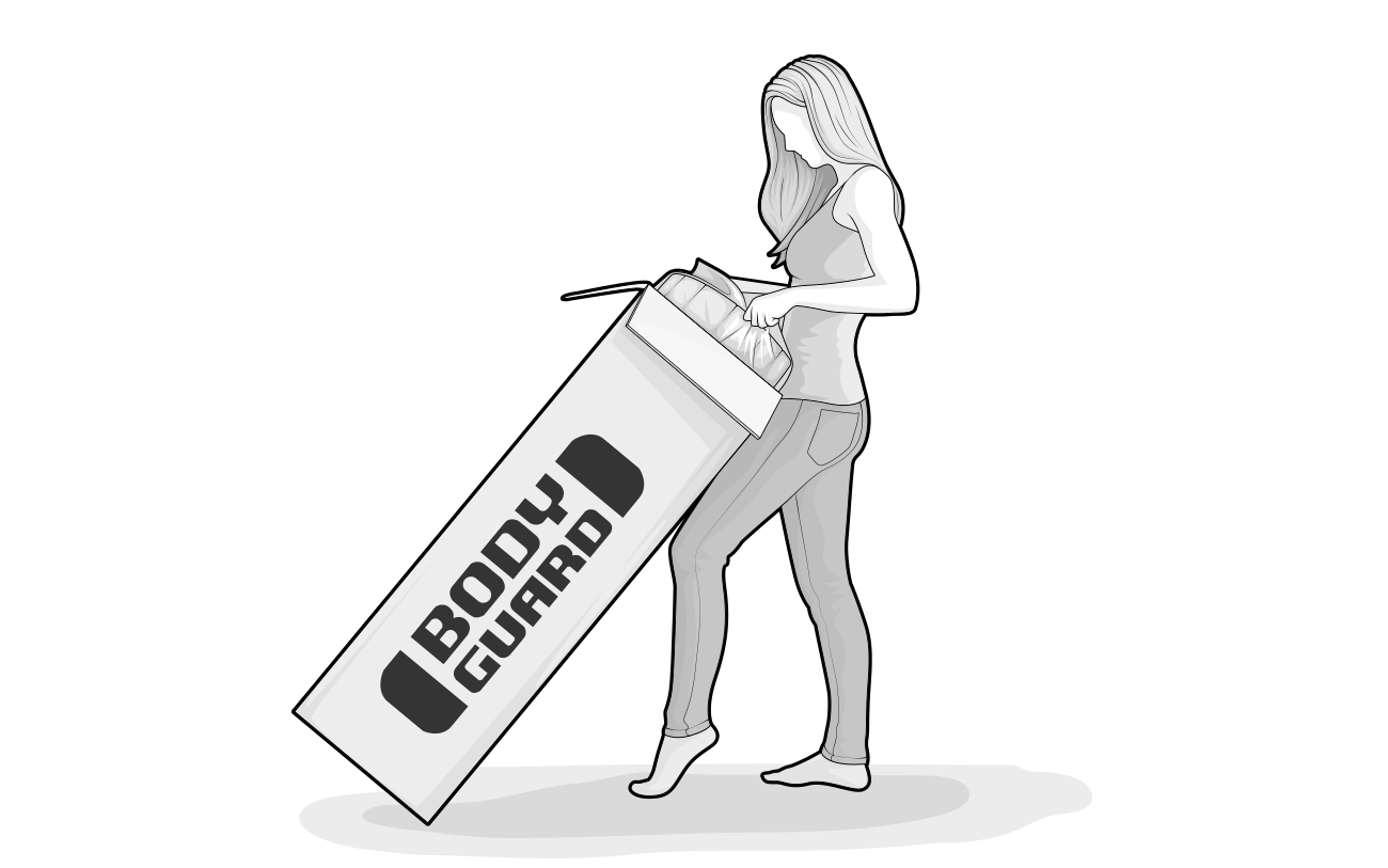 Illustration: Eine Person zieht eine gerollte Matratze aus einem Karton