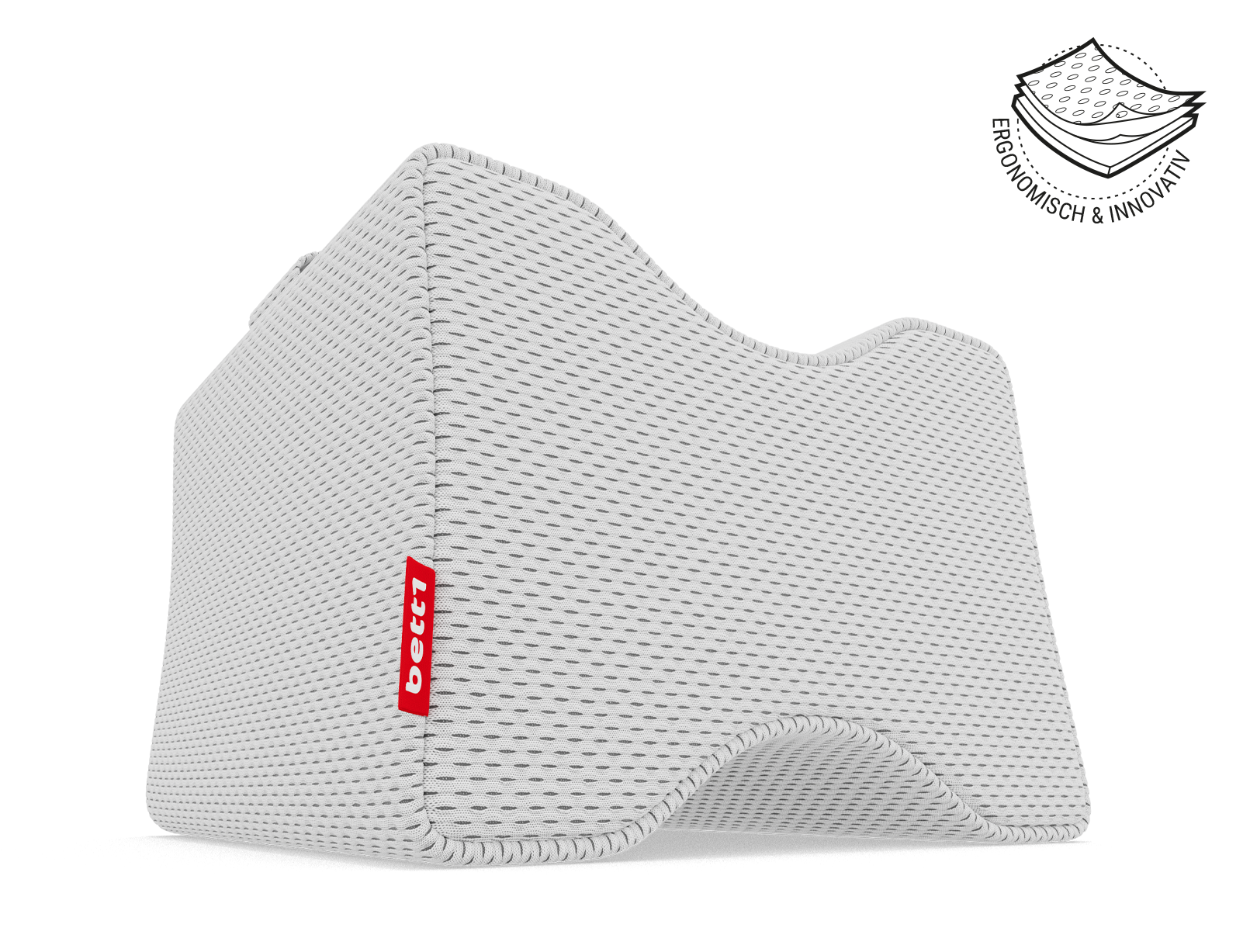 Dass Kniekissen. Illustration des Kissenbezugs in drei Schichten. Text: ergonomisch und innovativ