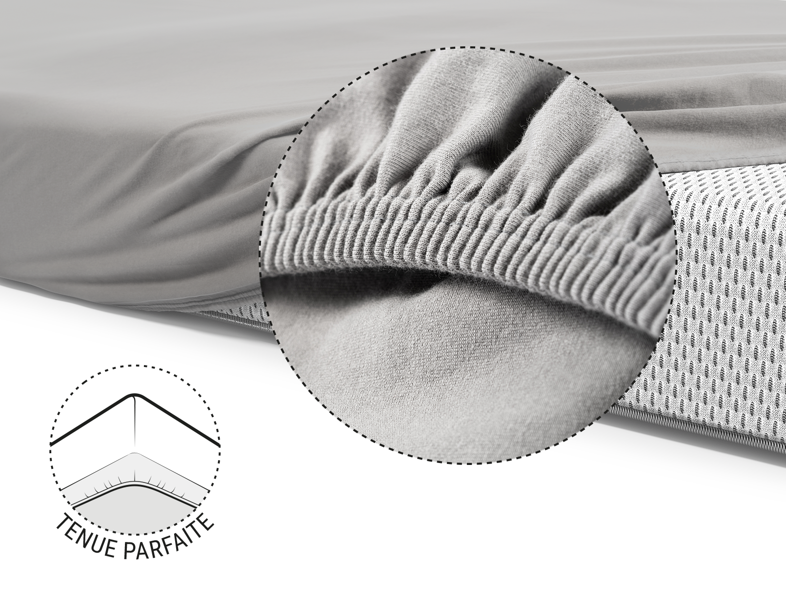Un gros plan sur l'élastique du drap-housse enfant BODYGUARD en gris. Illustration : Gros plan sur le bonnet. Texte : Tenue Parfaite. 