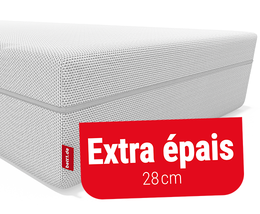 Matelas BODYGUARD®Boxspring. Une étiquette rouge avec texte : 100 % mousse. Une icône ressort métallique avec texte : sans ressorts métalliques.