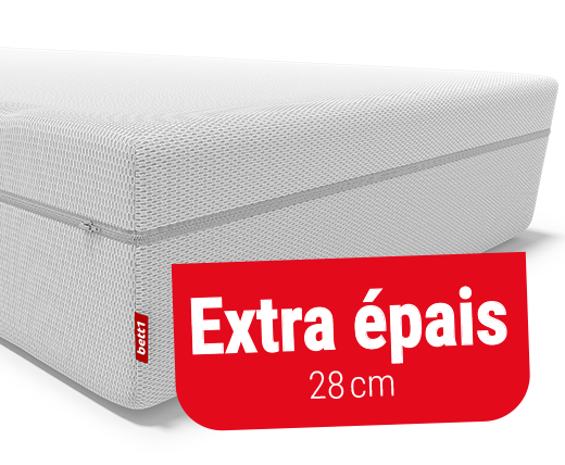 Matelas BODYGUARD®Boxspring. Une étiquette rouge avec texte : 100 % mousse. Une icône ressort métallique avec texte : sans ressorts métalliques.