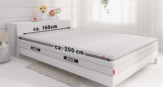Eine Matratze 160x200 cm liegt in einem Bett. An den Seiten stehen jeweils die Maße.