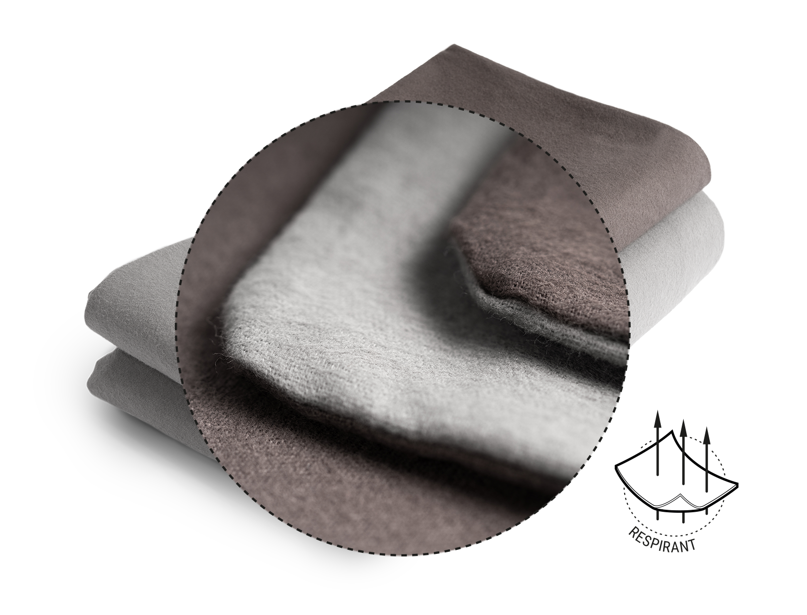 Le linge de lit en flanelle BODYGUARD® : zoom sur la housse. Illustration du tissu traversé par trois flèches. Texte : respirant