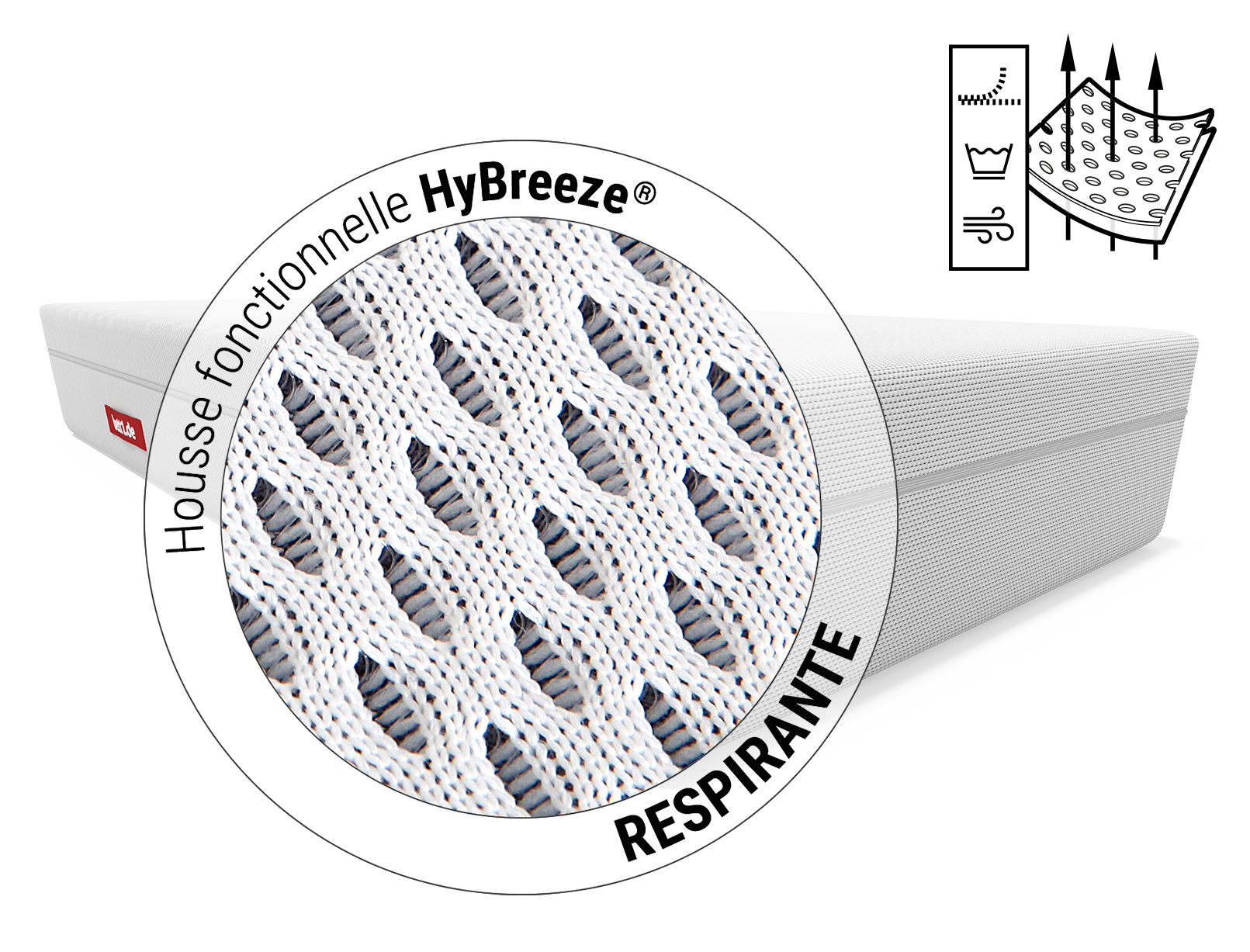 Gros plan circulaire de la housse HyBreeze® respirante, montrant sa texture aérée et la mention "respirante".