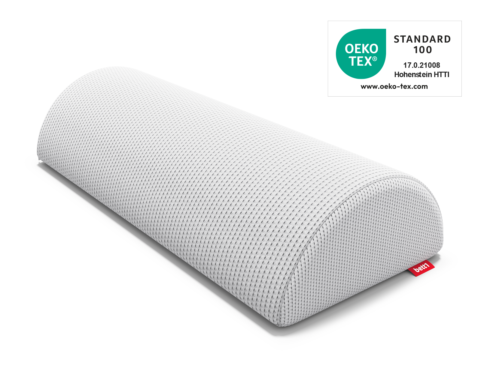 Das BODYGUARD® Knie- und Nackenrolle. Daneben das Oeko-Tex® Standard 100 Siegel.