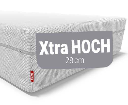 BODYGUARD®  Boxspring Matratze Weich. Eine rote Wanne mit Text: 100 % Vollschaum. Ein Icon durchgestrichene Metallfeder mit Text: ohne Metallfedern.