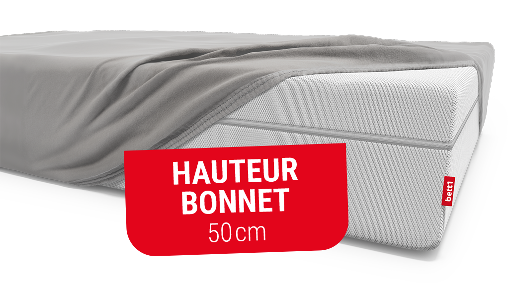 Drap housse BODYGUARD® recouvre à moitié un matelas. Texte : Hauteur bonnet 50 cm