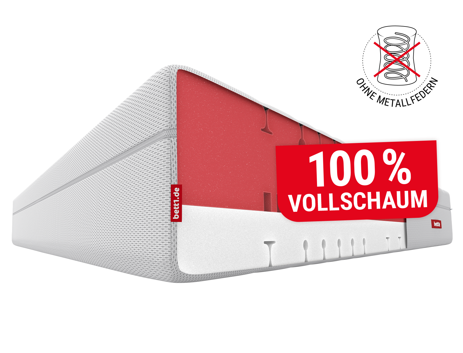 BODYGUARD®  Boxspring Matratze Weich. Eine rote Wanne mit Text: 100 % Vollschaum. Ein Icon durchgestrichene Metallfeder mit Text: ohne Metallfedern.
