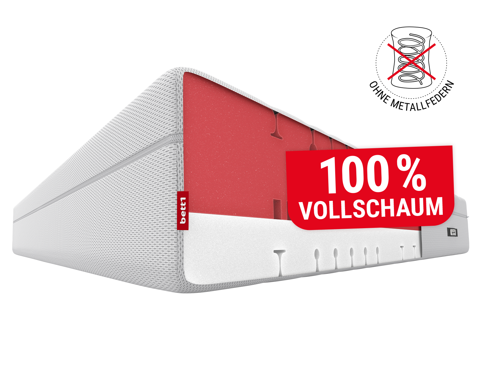 BODYGUARD®  Boxspring Matratze Weich. Eine rote Wanne mit Text: 100 % Vollschaum. Ein Icon durchgestrichene Metallfeder mit Text: ohne Metallfedern.