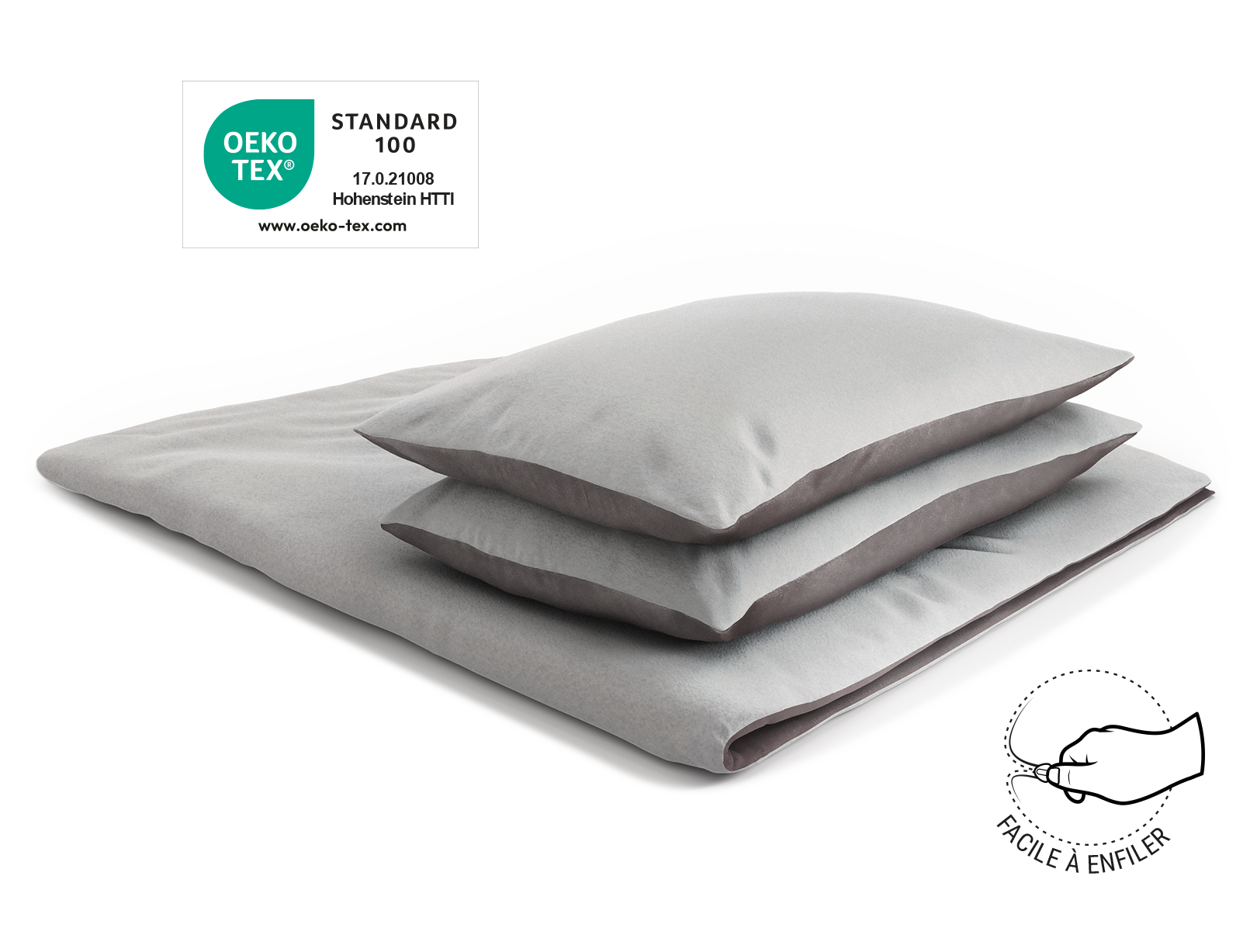 Les linge de lit en flanelle BODYGUARD® recouverts sur une couette pliée avec deux oreillers. Le label Oeko-Tex®. Illustration d'une main qui ferme une fermeture éclair. Texte : facile à enfiler