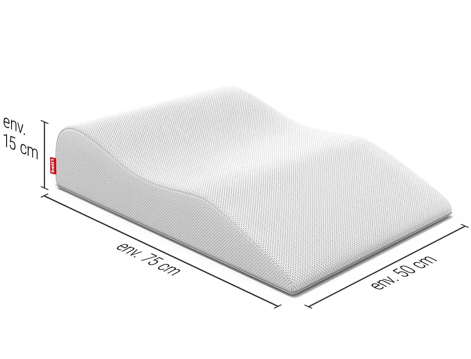 Repose-jambes BODYGUARD®, sur les côtés duquel sont inscrites les dimensions : 75 x 50 x 15 cm (L x l x H)