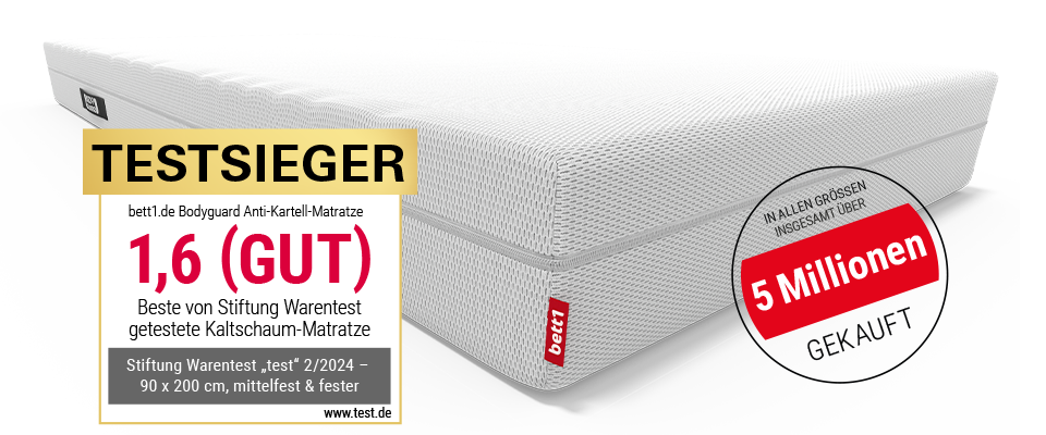 BODYGUARD® Anti-Kartell-Matratze. Text: in allen Größen insgesamt über 5 Mio. gekauft. Siegel Stiftung Warentest.