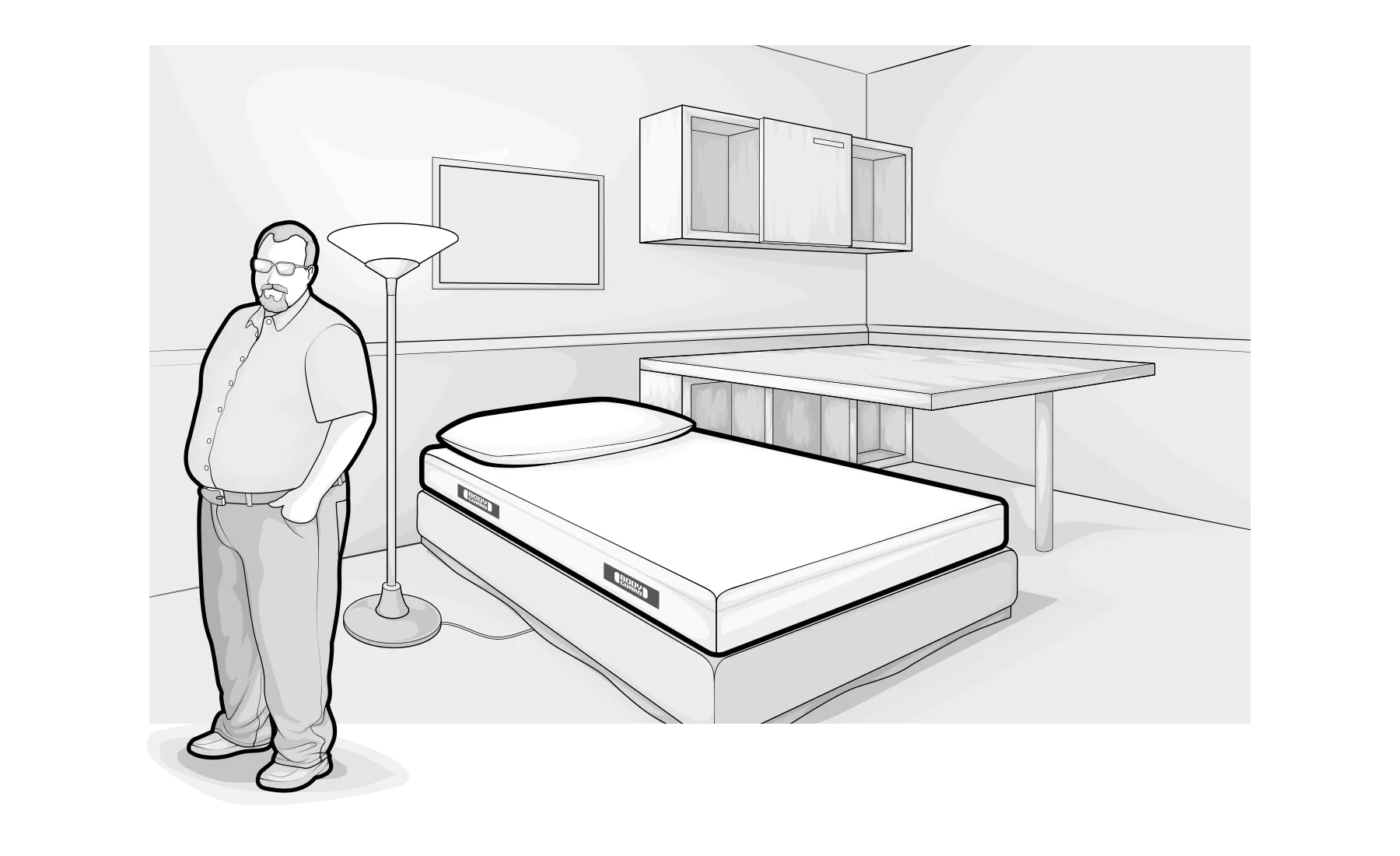 Illustration : une personne de grande taille avec un ventre proéminent se tient dans une chambre avec un lit simple et un matelas BODYGUARD®.