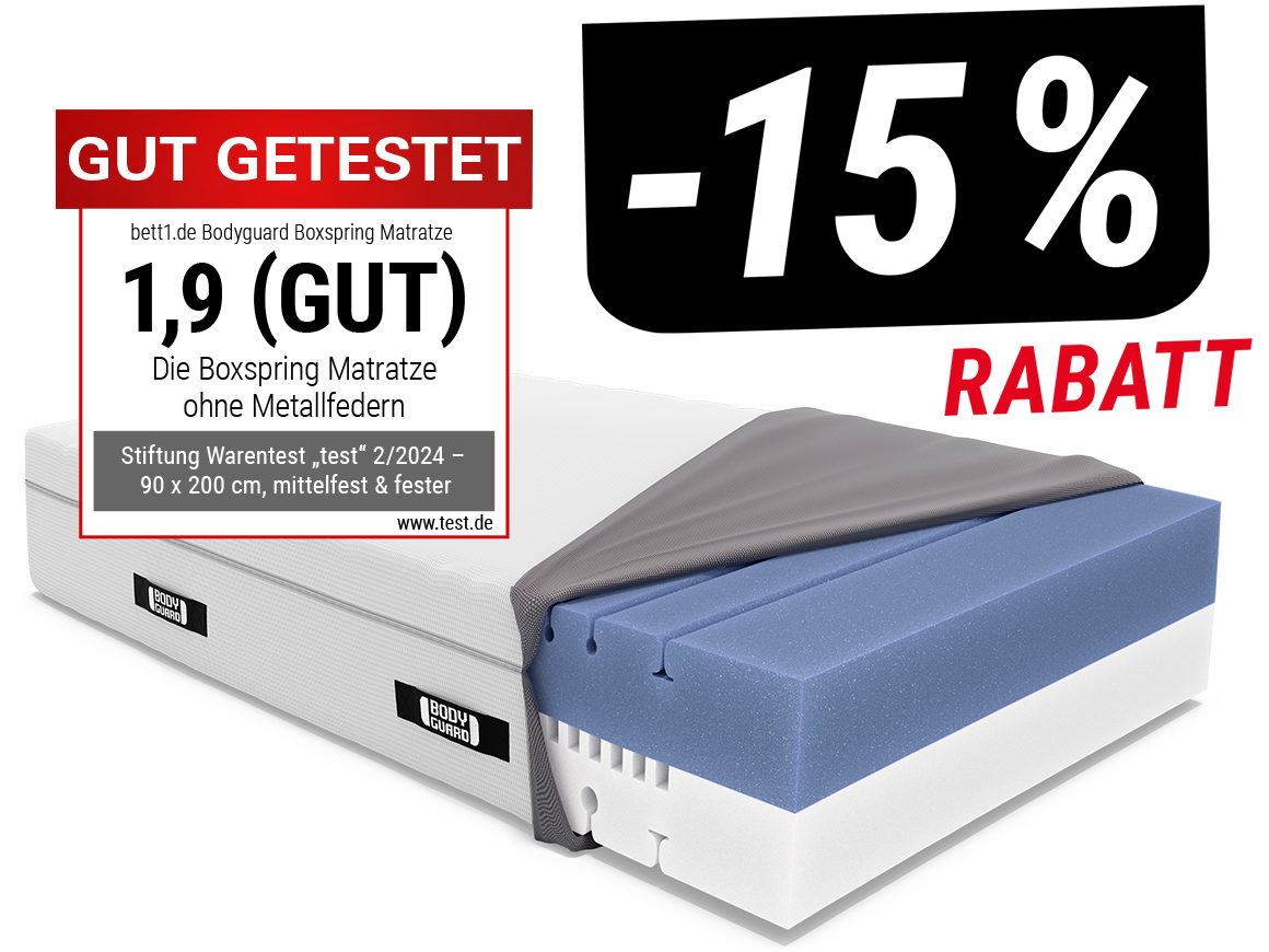 Die BODYGUARD Boxspring Matratze mit Testurteil 1,9 (Gut) und Text: 15 % Rabatt