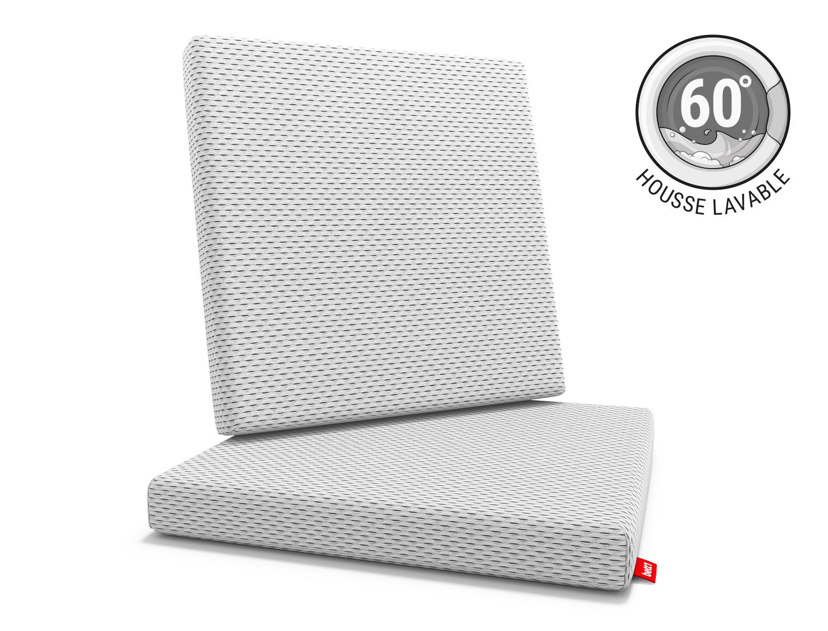 Coussin de chaise BODYGUARD® redressé pour montrer sa forme carrée et son épaisseur. À droite, un pictogramme circulaire indique « Housse lavable à 60 °C ».