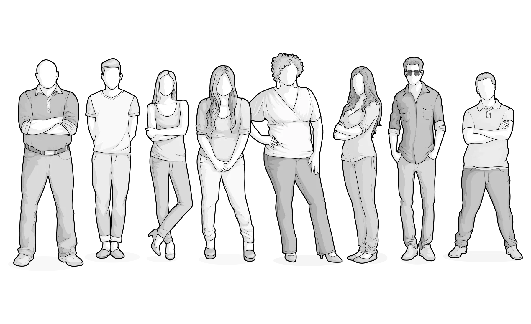 Illustration : Huit personnes avec différents morphologies 