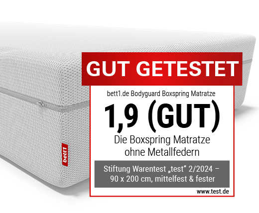 BODYGUARD® BoxspringMatratze. Eine rote Wanne mit Text: 100 % Vollschaum. Ein Icon durchgestrichene Metallfeder mit Text: ohne Metallfedern.