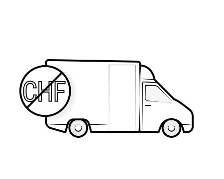 Illustration: ein Lieferwagen, darauf ein Kreis, in dem durchgestrichen Fr. steht