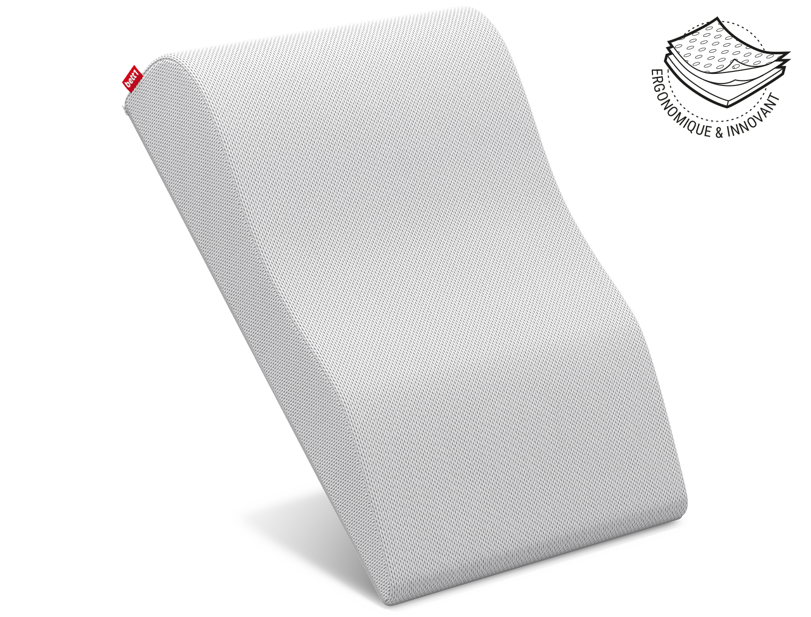 Repose-jambes BODYGUARD® est placé à la verticale et en équilibre sur son côté fin. À côté se trouve l'illustration de la housse du coussin en trois couches avec le texte : ergonomique et innovant.